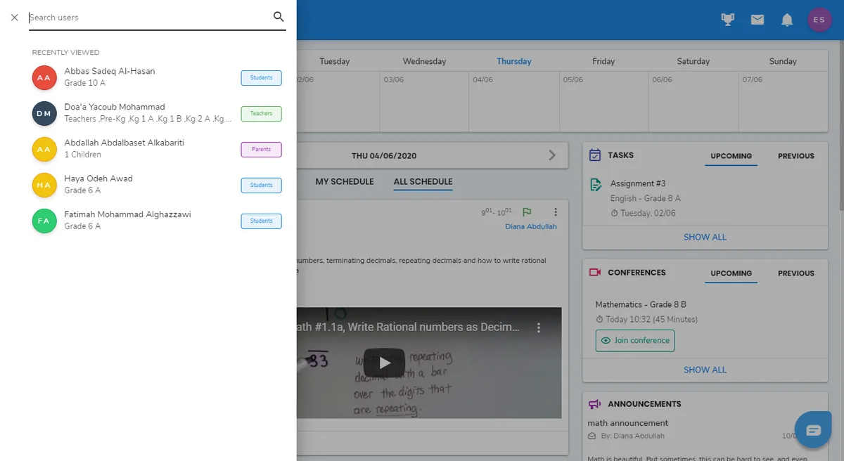 Edunation top bar search and quick user navigation interface